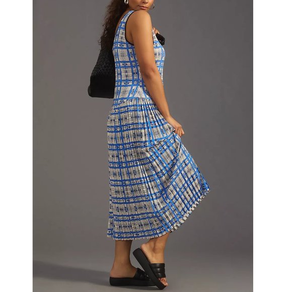 ๐ Anthropologie Dhruv Kapoor Plaid Mesh Midi Dress - Blue White Plaid XL - Picture 5 of 15